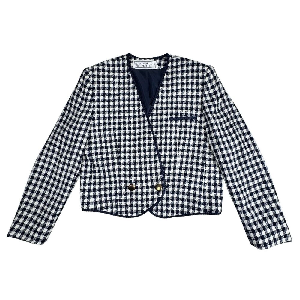 Vintage Evan Picone Houndstooth Blazer Womens‎ 8P Navy White Old Money Academia